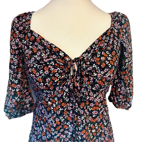 Wild Fable Black Floral Dress Puff Sleeves Key Hole Opening w/ Tie Size Small - Picture 3 of 8